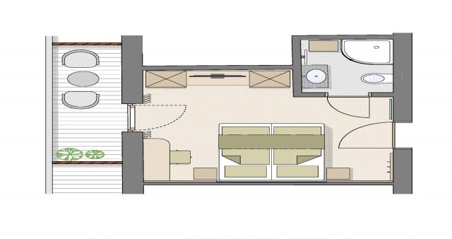 Grundriss einer modernen Wohnung mit Terrasse.