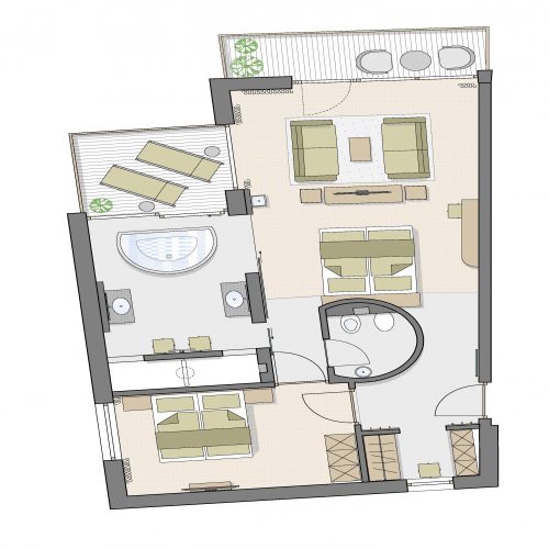 Grundriss einer modernen Wohnung mit Wohnzimmer und Terrasse.