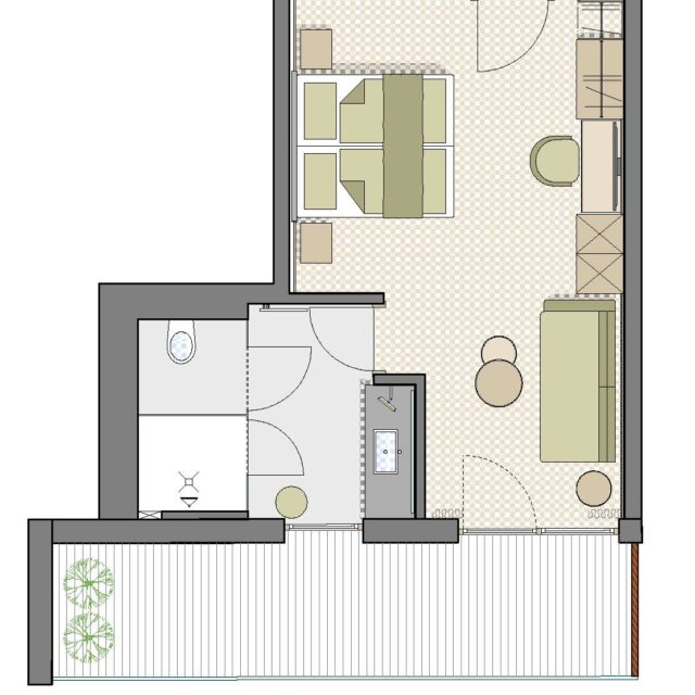 Grundriss einer Wohnung mit Wohnzimmer und Bad.