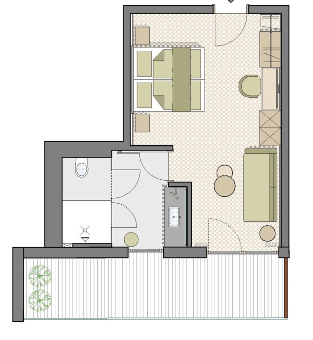 Grundriss einer Wohnung mit Wohnzimmer und Bad.