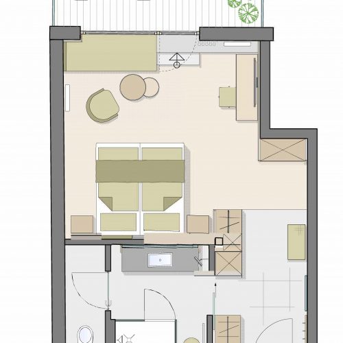 Grundriss einer modernen Wohnung mit Balkon.