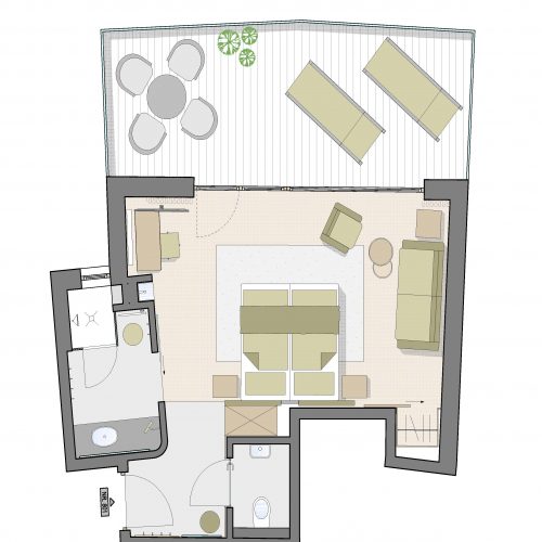 Grundriss einer modernen Wohnung mit Terrasse